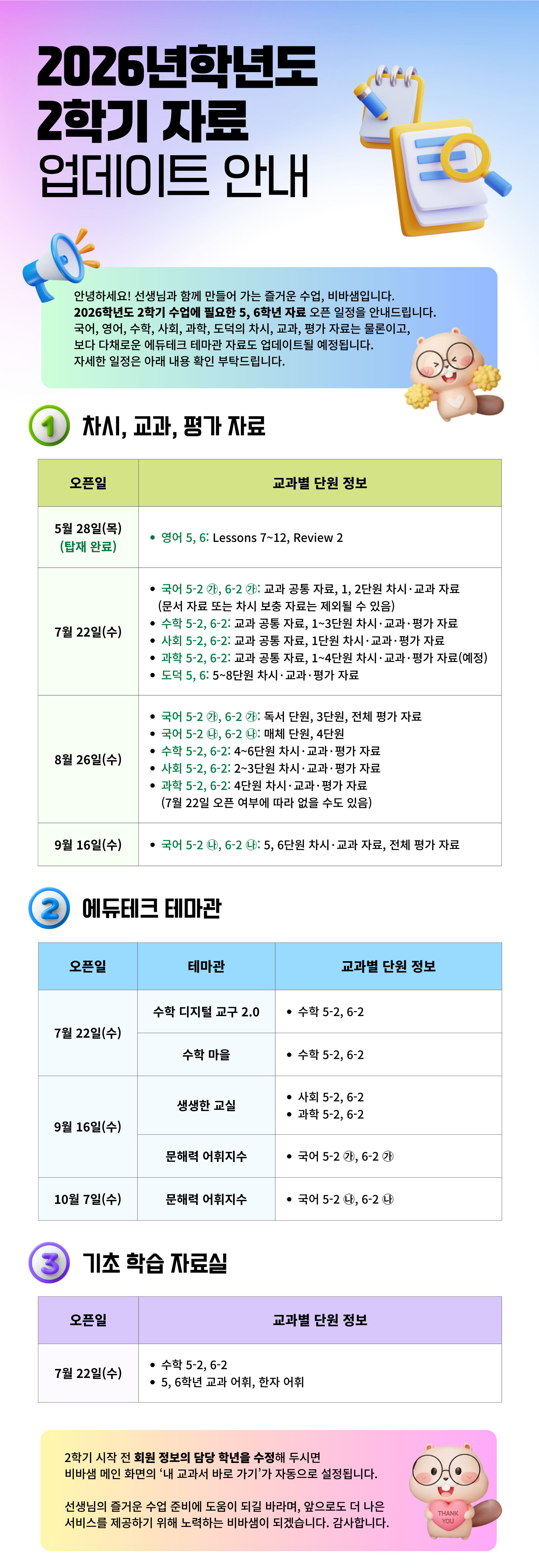 2026학년도 2학기 자료 업데이트 안내, 5-2, 6-2 자료 오픈 일정 안내, 국어, 영어, 수학, 사회, 과학, 도덕의 차시·교과·평가 자료, 에듀테크 테마관 자료, 기초 학습 자료실